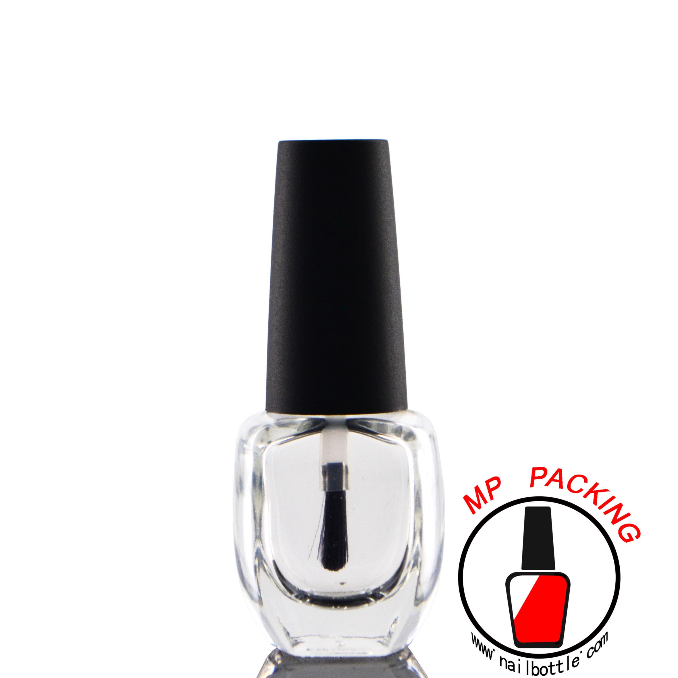 oval nail brush with black cap and clear glass botlte 